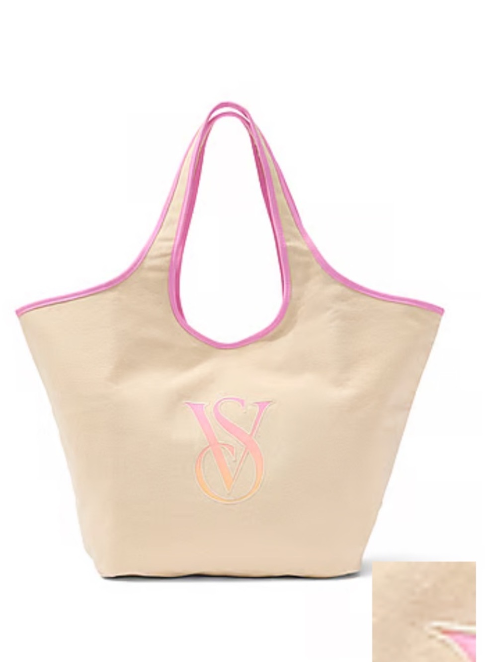 Victoria's Secret Beige Canvas Tote with Pink Trim and Gradient Logo